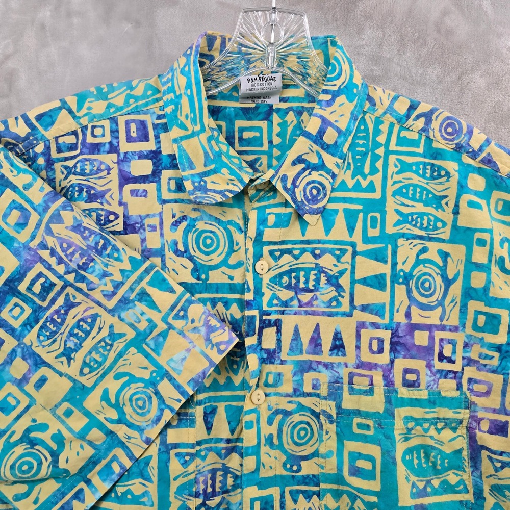 Rum Reggae Mens XL Cabana Shirt Blue Marine Mode Fish Short Sleeve Button Up